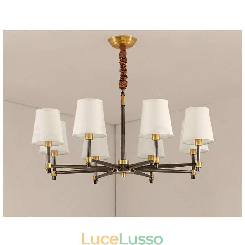 Lampadario a sospensione in ottone puro, grande, rustico, retrò, vintage, lussuoso, con paralumi in tessuto