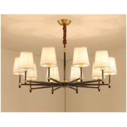 Lampadario a sospensione in ottone puro, grande, rustico, retrò, vintage, lussuoso, con paralumi in tessuto