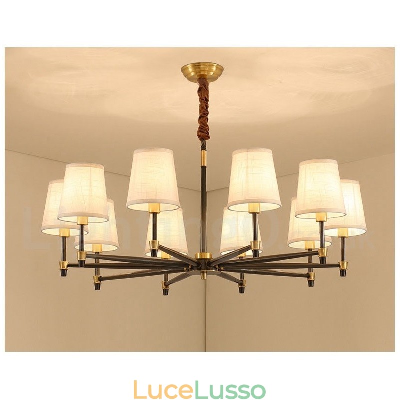 Lampadario a sospensione in ottone puro, grande, rustico, retrò, vintage, lussuoso, con paralumi in tessuto