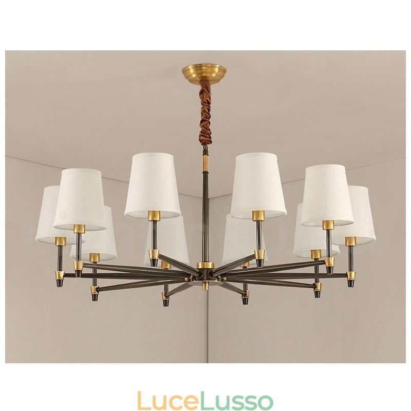Lampadario a sospensione in ottone puro, grande, rustico, retrò, vintage, lussuoso, con paralumi in tessuto