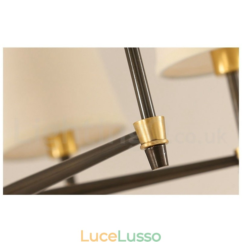 Lampadario a sospensione in ottone puro, grande, rustico, retrò, vintage, lussuoso, con paralumi in tessuto