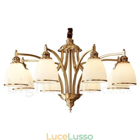 Lampadario a sospensione in ottone puro, grande, rustico, retrò, vintage, con paralumi in vetro Lampadario a sospensione in ottone puro, grande, rustico, retrò, vintage, con paralumi in vetro