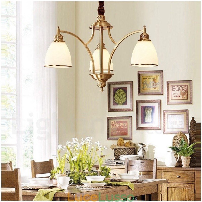 Lampadario a sospensione in ottone puro, grande, rustico, retrò, vintage, con paralumi in vetro