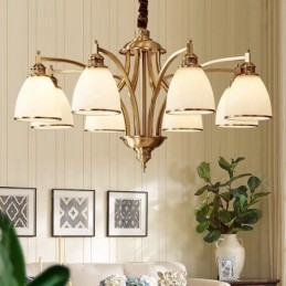 Lampadario a sospensione in ottone puro, grande, rustico, retrò, vintage, con paralumi in vetro