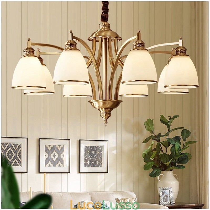 Lampadario a sospensione in ottone puro, grande, rustico, retrò, vintage, con paralumi in vetro