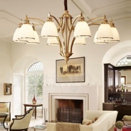 Lampadario a sospensione in ottone puro, grande, rustico, retrò, vintage, con paralumi in vetro