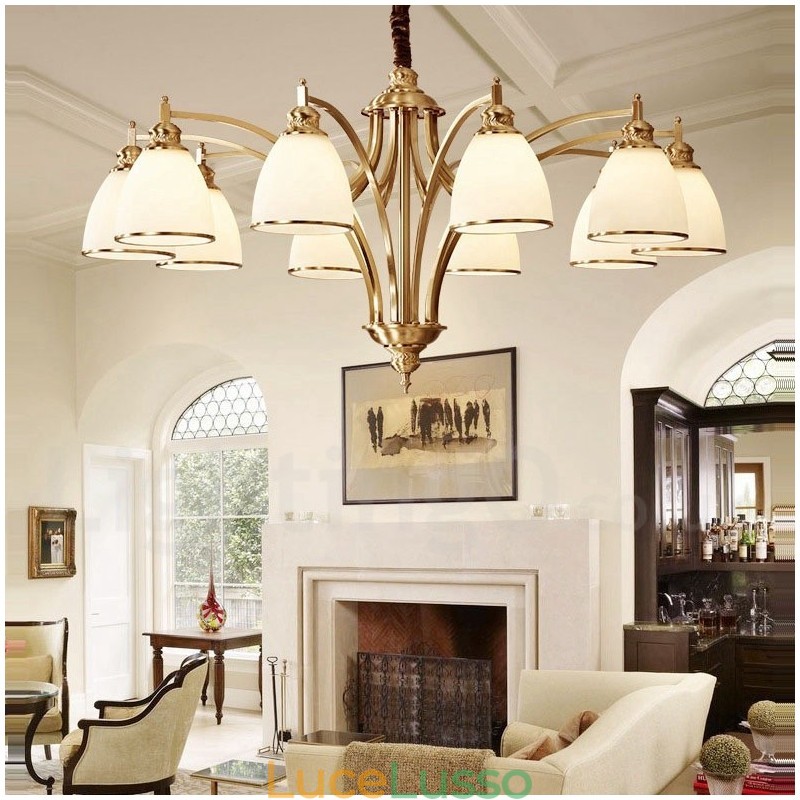 Lampadario a sospensione in ottone puro, grande, rustico, retrò, vintage, con paralumi in vetro