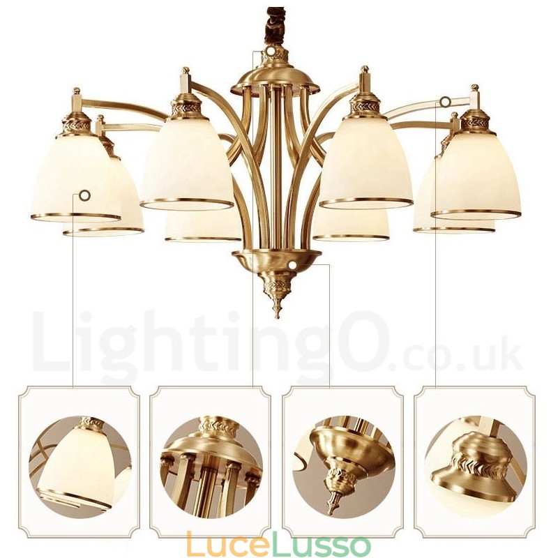 Lampadario a sospensione in ottone puro, grande, rustico, retrò, vintage, con paralumi in vetro