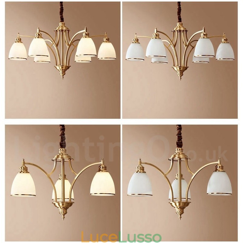 Lampadario a sospensione in ottone puro, grande, rustico, retrò, vintage, con paralumi in vetro