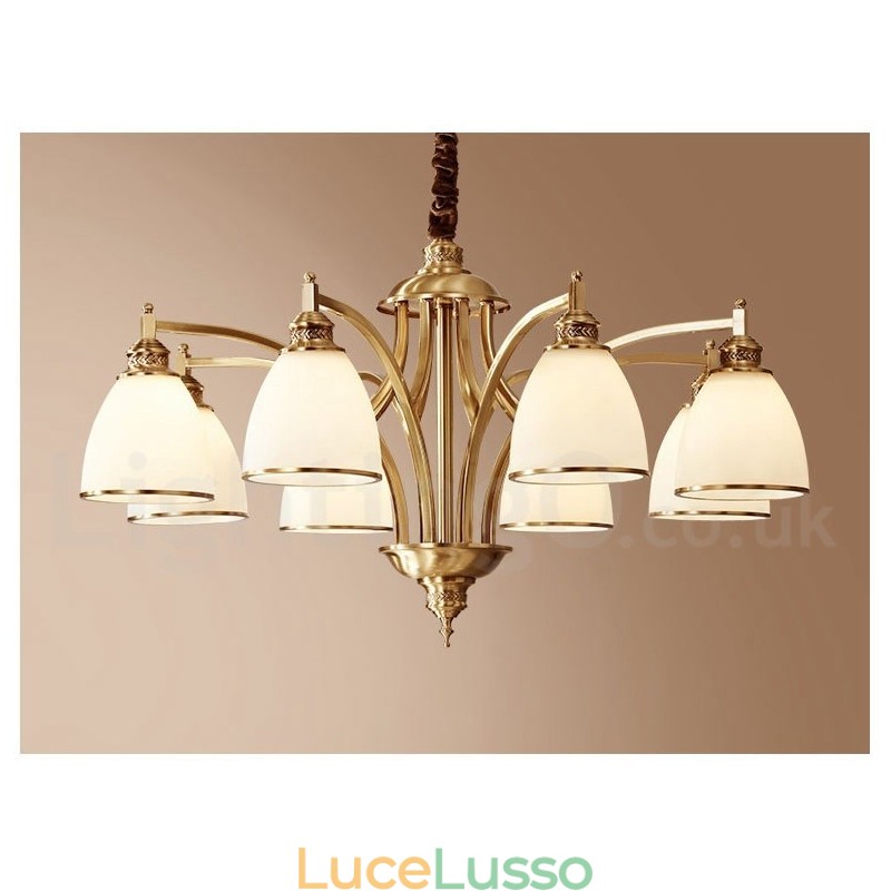 Lampadario a sospensione in ottone puro, grande, rustico, retrò, vintage, con paralumi in vetro