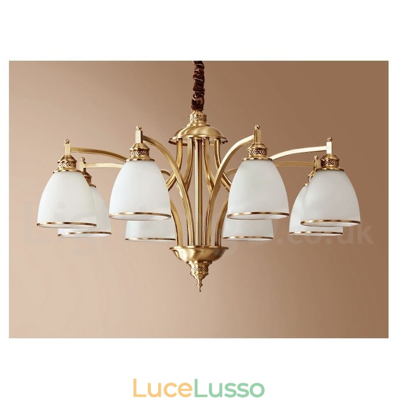 Lampadario a sospensione in ottone puro, grande, rustico, retrò, vintage, con paralumi in vetro