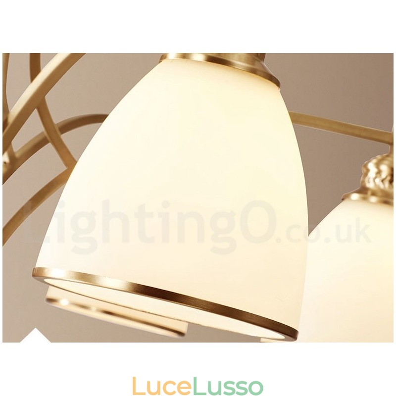 Lampadario a sospensione in ottone puro, grande, rustico, retrò, vintage, con paralumi in vetro
