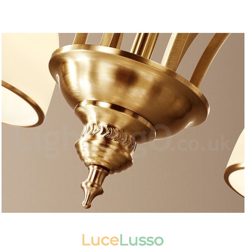 Lampadario a sospensione in ottone puro, grande, rustico, retrò, vintage, con paralumi in vetro