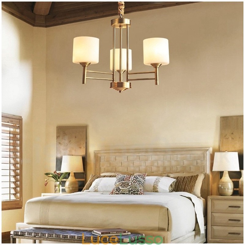 Lampadario a sospensione in ottone puro, grande, rustico, retrò, vintage, con paralumi in vetro