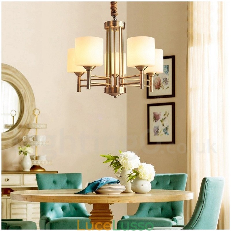 Lampadario a sospensione in ottone puro, grande, rustico, retrò, vintage, con paralumi in vetro