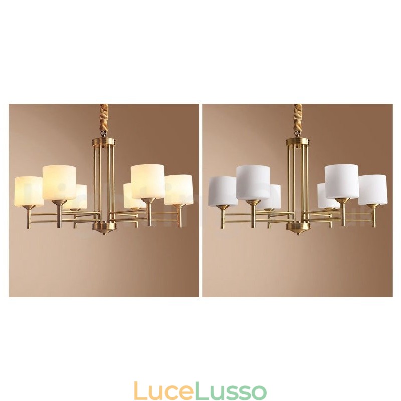 Lampadario a sospensione in ottone puro, grande, rustico, retrò, vintage, con paralumi in vetro