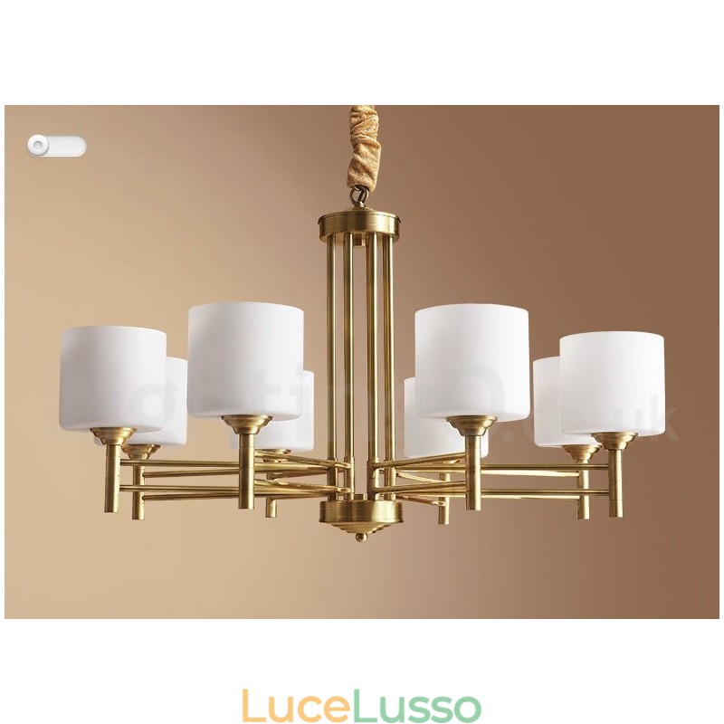 Lampadario a sospensione in ottone puro, grande, rustico, retrò, vintage, con paralumi in vetro