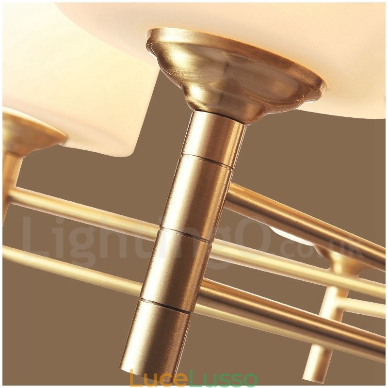 Lampadario a sospensione in ottone puro, grande, rustico, retrò, vintage, con paralumi in vetro