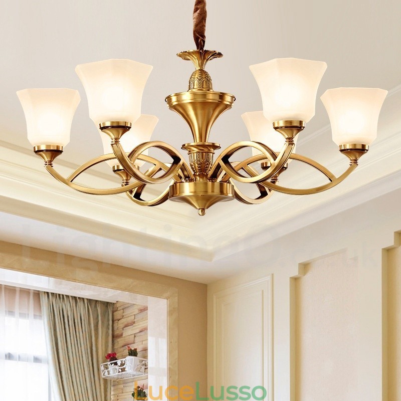 Lampadario a sospensione in ottone puro, grande, rustico, retrò, vintage, con paralumi in vetro