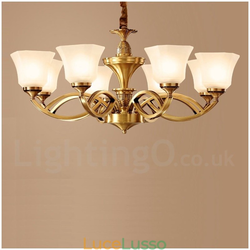 Lampadario a sospensione in ottone puro, grande, rustico, retrò, vintage, con paralumi in vetro