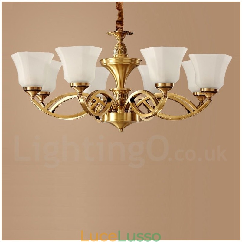 Lampadario a sospensione in ottone puro, grande, rustico, retrò, vintage, con paralumi in vetro