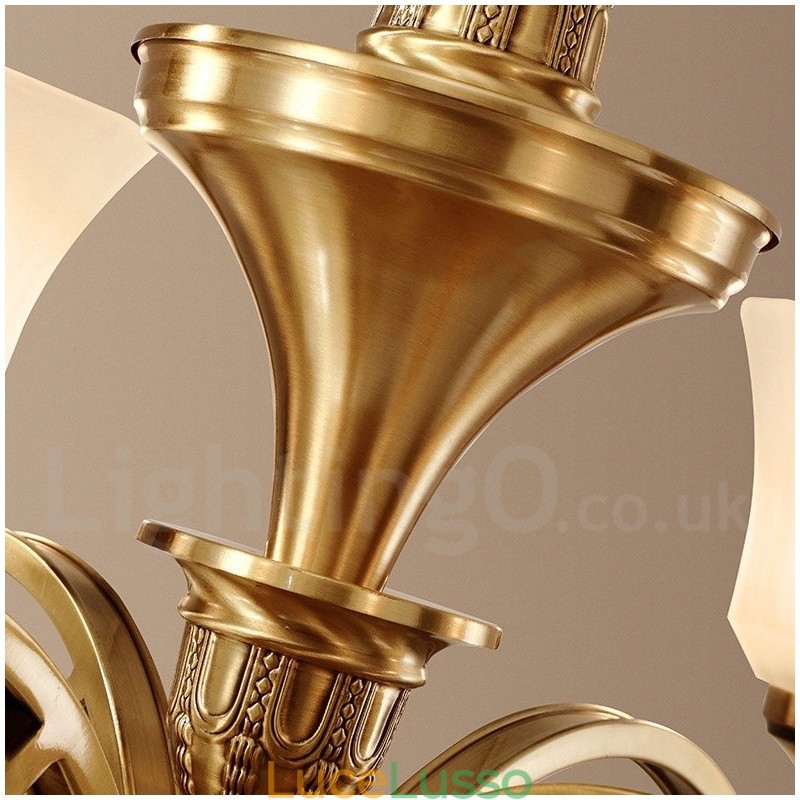 Lampadario a sospensione in ottone puro, grande, rustico, retrò, vintage, con paralumi in vetro