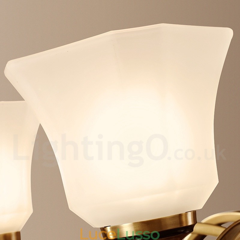 Lampadario a sospensione in ottone puro, grande, rustico, retrò, vintage, con paralumi in vetro
