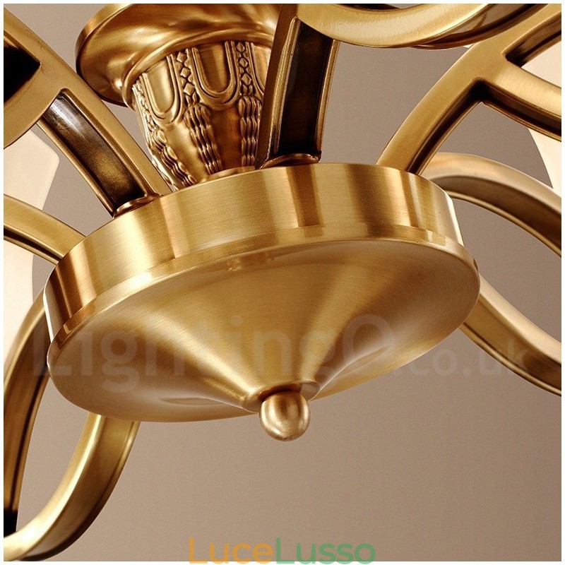 Lampadario a sospensione in ottone puro, grande, rustico, retrò, vintage, con paralumi in vetro