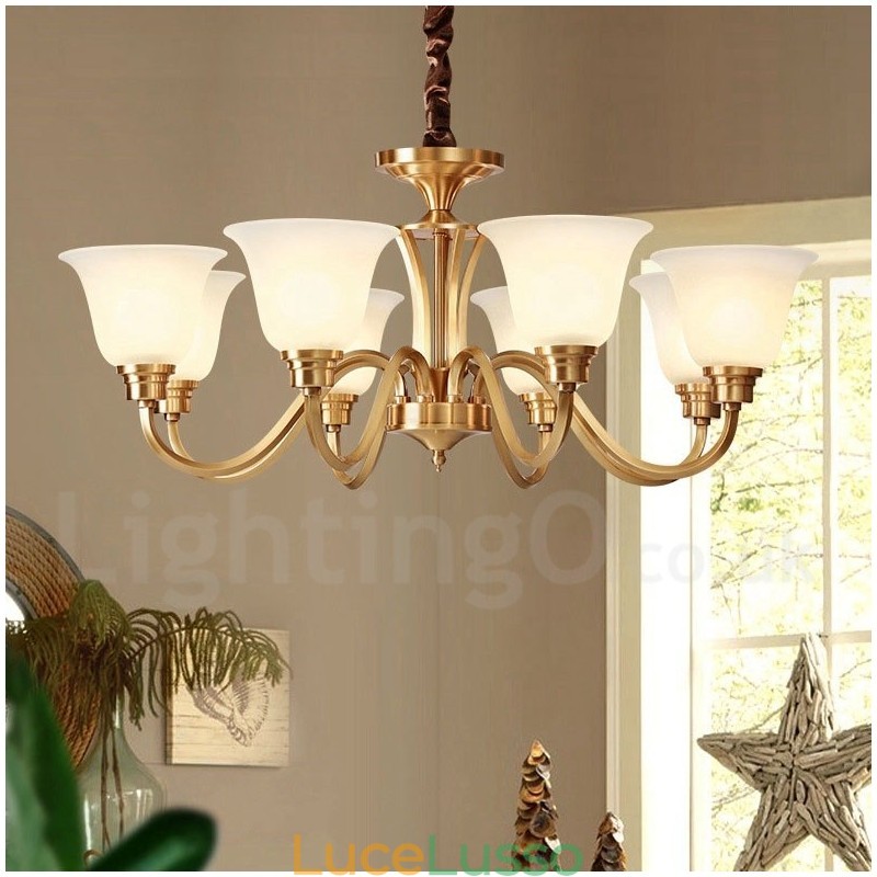 Lampadario a sospensione in ottone massiccio rustico retrò vintage di grande lusso in ottone puro con paralumi in vetro