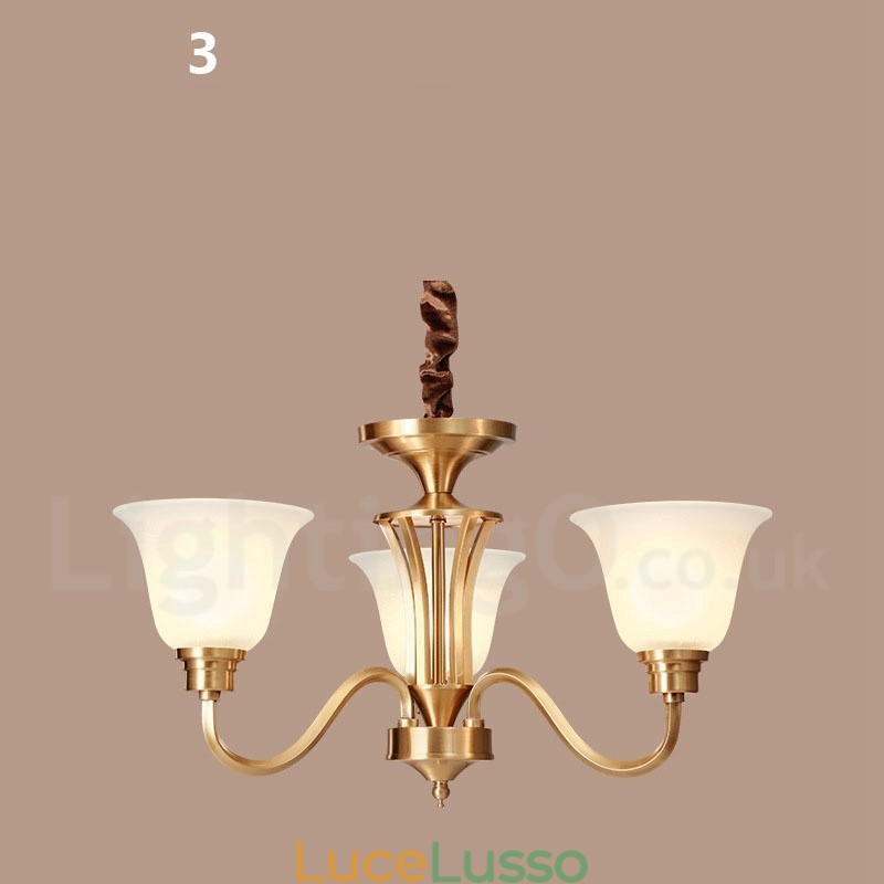 Lampadario a sospensione in ottone massiccio rustico retrò vintage di grande lusso in ottone puro con paralumi in vetro