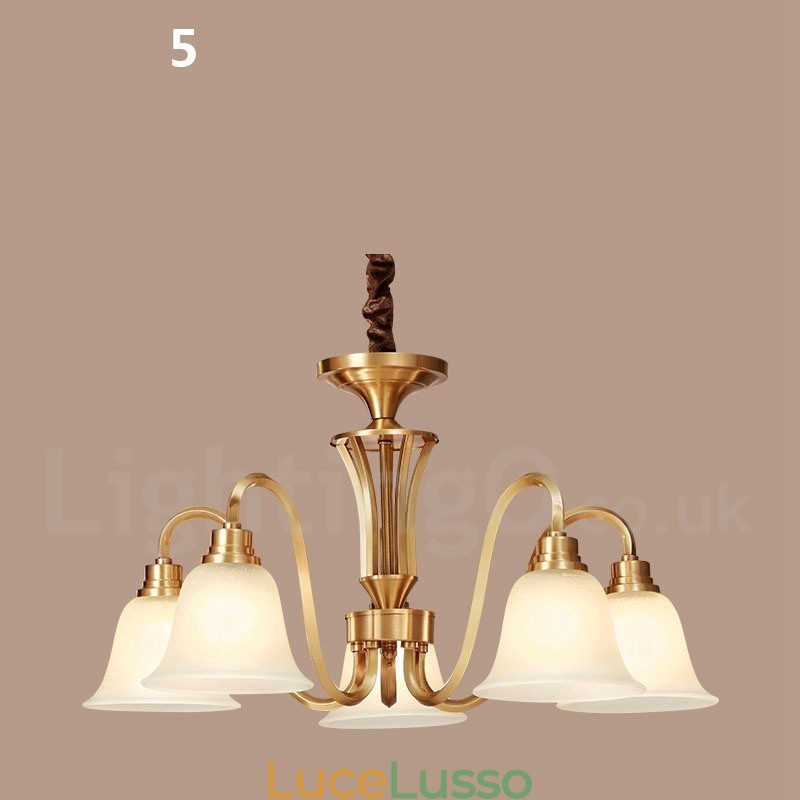 Lampadario a sospensione in ottone massiccio rustico retrò vintage di grande lusso in ottone puro con paralumi in vetro