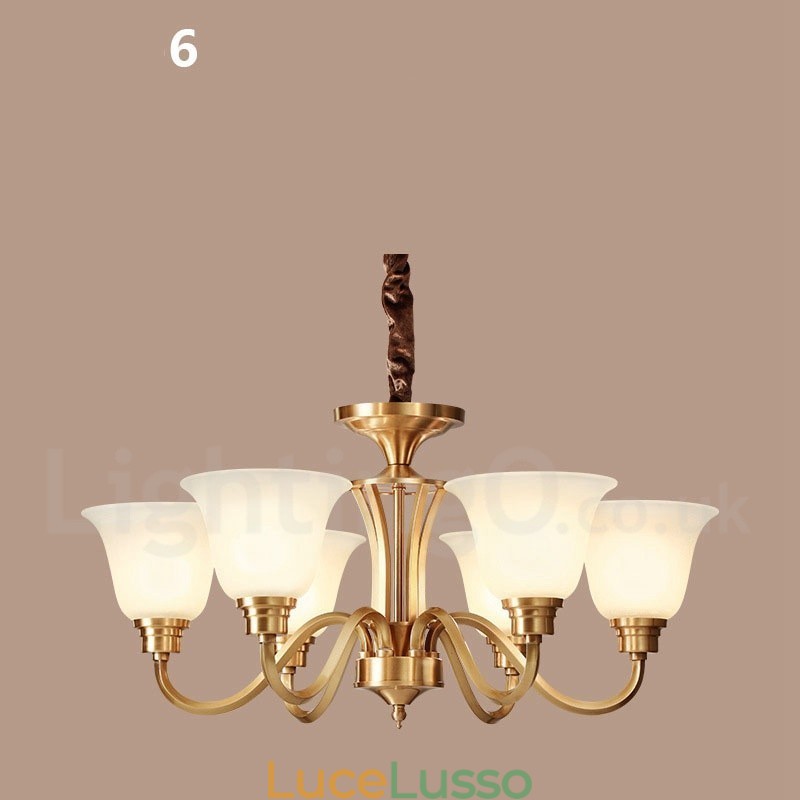 Lampadario a sospensione in ottone massiccio rustico retrò vintage di grande lusso in ottone puro con paralumi in vetro