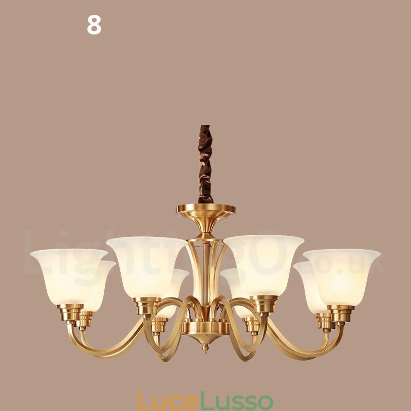 Lampadario a sospensione in ottone massiccio rustico retrò vintage di grande lusso in ottone puro con paralumi in vetro