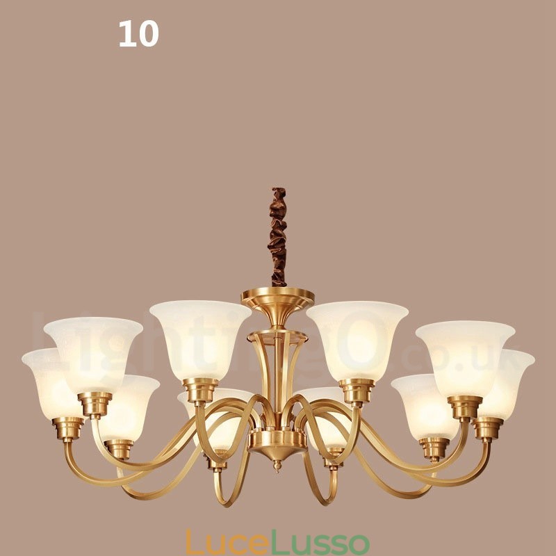Lampadario a sospensione in ottone massiccio rustico retrò vintage di grande lusso in ottone puro con paralumi in vetro