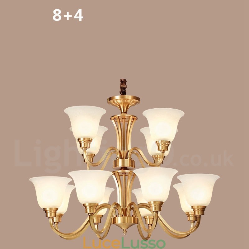 Lampadario a sospensione in ottone massiccio rustico retrò vintage di grande lusso in ottone puro con paralumi in vetro