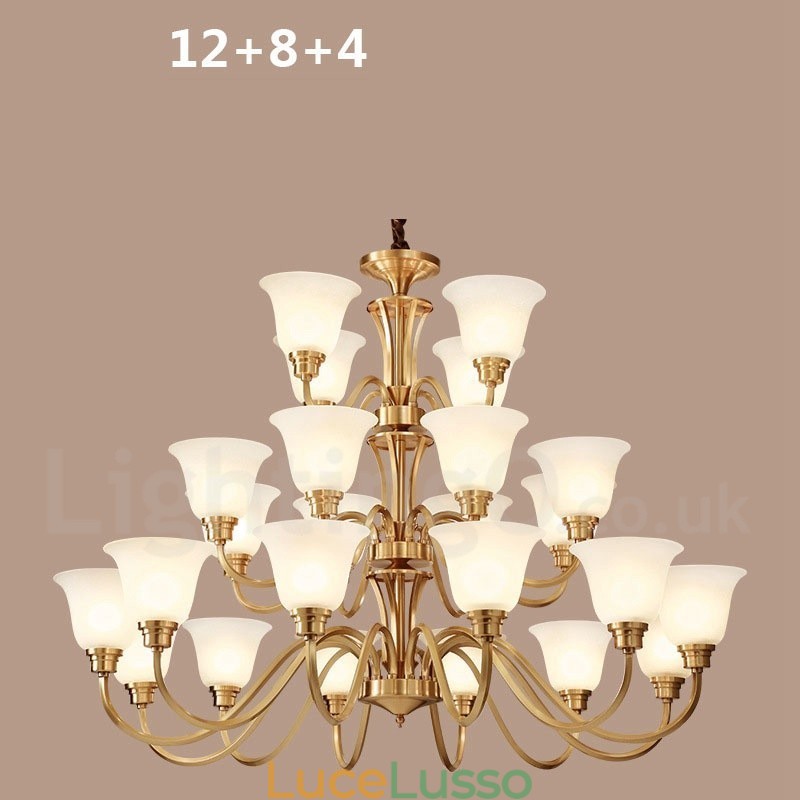 Lampadario a sospensione in ottone massiccio rustico retrò vintage di grande lusso in ottone puro con paralumi in vetro