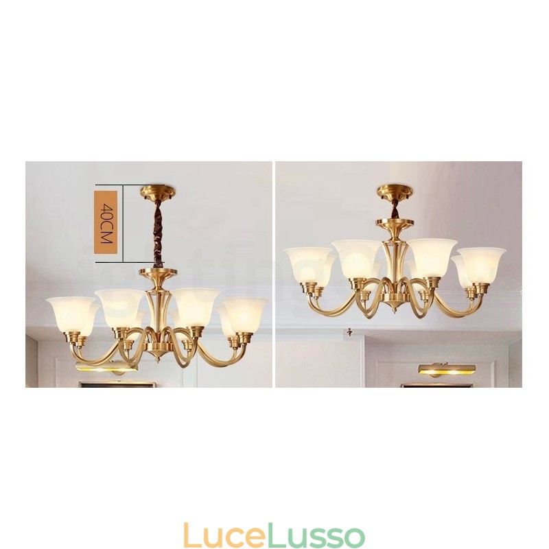 Lampadario a sospensione in ottone massiccio rustico retrò vintage di grande lusso in ottone puro con paralumi in vetro