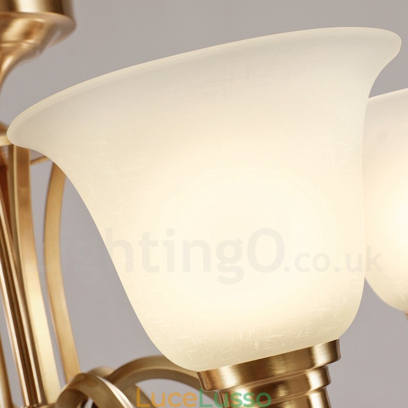 Lampadario a sospensione in ottone massiccio rustico retrò vintage di grande lusso in ottone puro con paralumi in vetro