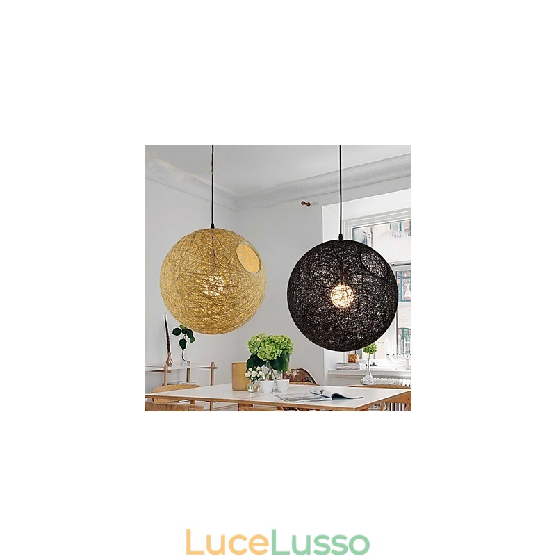Lampada moderna semplice e rustica in rattan, lampadario a sfera in canapa