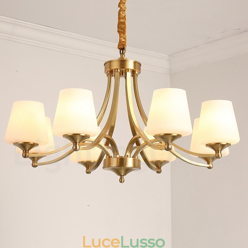Lampadario a sospensione in ottone puro, grande, rustico, retrò, vintage, con paralumi in vetro