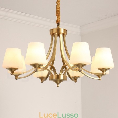 Lampadario a sospensione in ottone puro, grande, rustico, retrò, vintage, con paralumi in vetro Lampadario a sospensione in ottone puro, grande, rustico, retrò, vintage, con paralumi in vetro