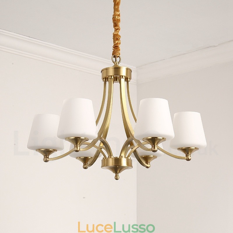 Lampadario a sospensione in ottone puro, grande, rustico, retrò, vintage, con paralumi in vetro