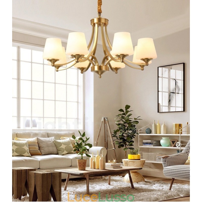 Lampadario a sospensione in ottone puro, grande, rustico, retrò, vintage, con paralumi in vetro