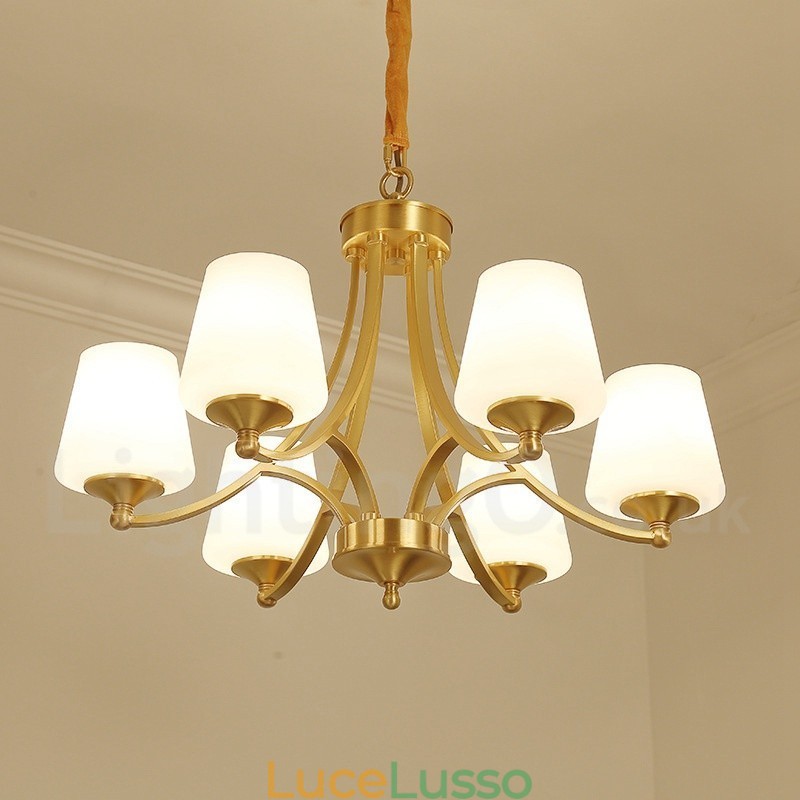 Lampadario a sospensione in ottone puro, grande, rustico, retrò, vintage, con paralumi in vetro