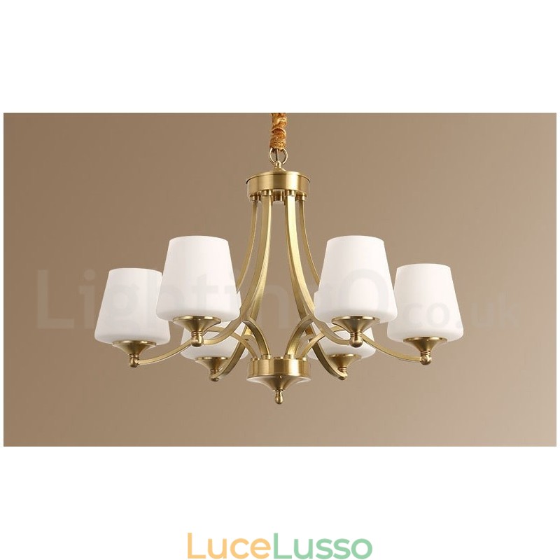 Lampadario a sospensione in ottone puro, grande, rustico, retrò, vintage, con paralumi in vetro