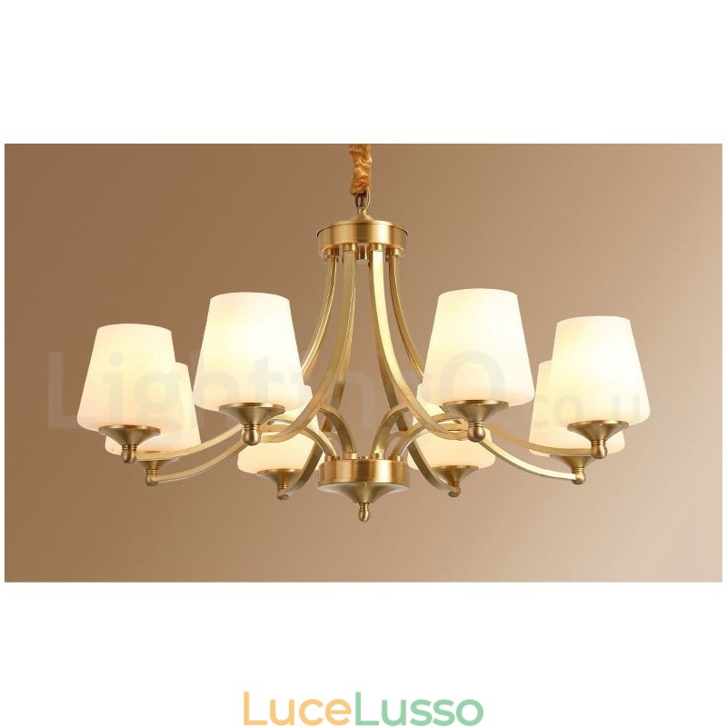 Lampadario a sospensione in ottone puro, grande, rustico, retrò, vintage, con paralumi in vetro