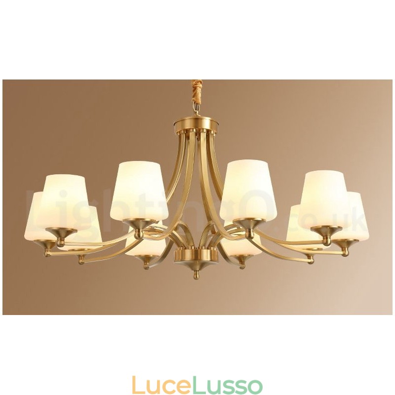 Lampadario a sospensione in ottone puro, grande, rustico, retrò, vintage, con paralumi in vetro