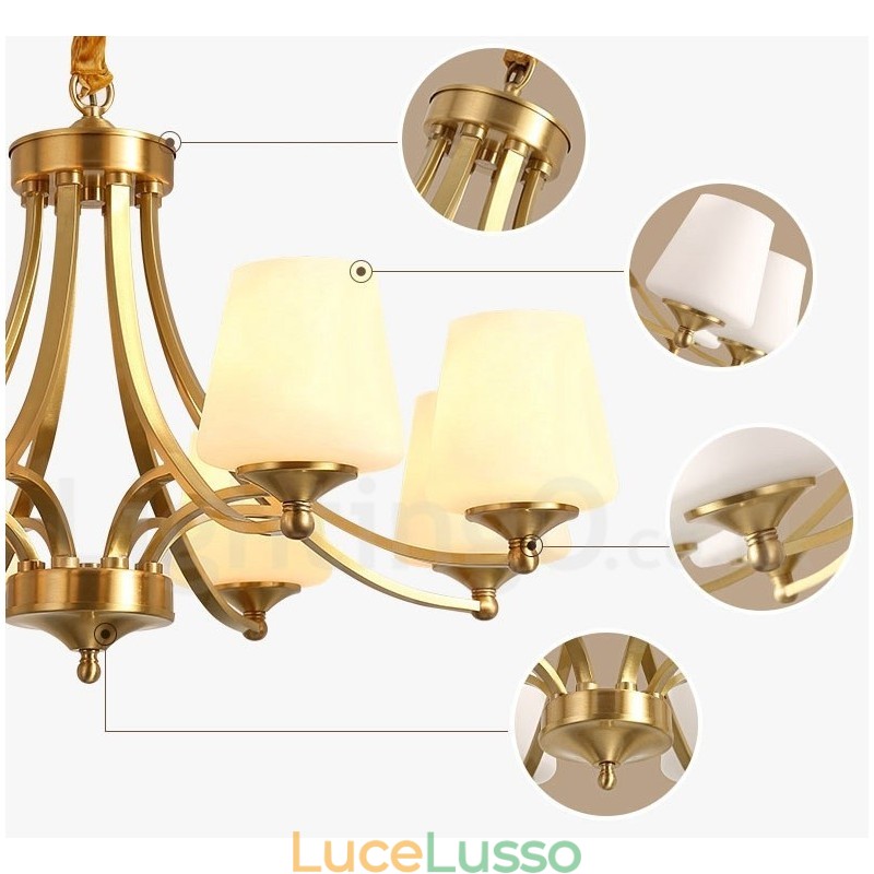 Lampadario a sospensione in ottone puro, grande, rustico, retrò, vintage, con paralumi in vetro