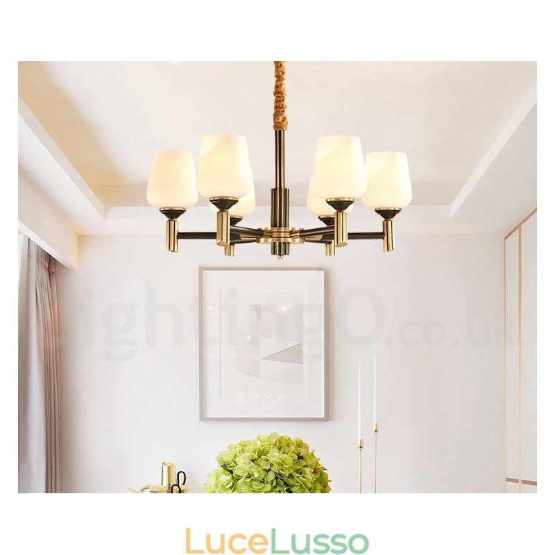 Lampadario a sospensione in ottone puro, grande, rustico, retrò, vintage, con paralumi in vetro