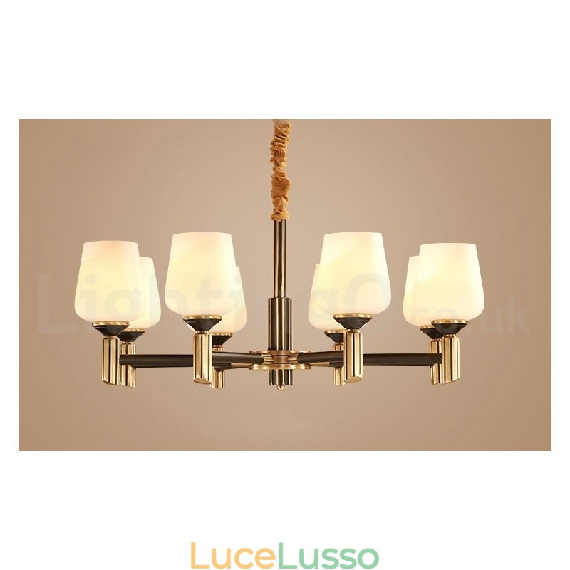 Lampadario a sospensione in ottone puro, grande, rustico, retrò, vintage, con paralumi in vetro